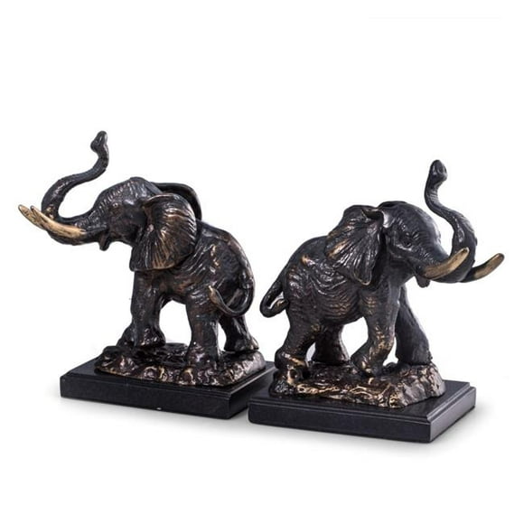 Cast Metal Elephant Bookends with Bronzed Finish on Black Marble Base