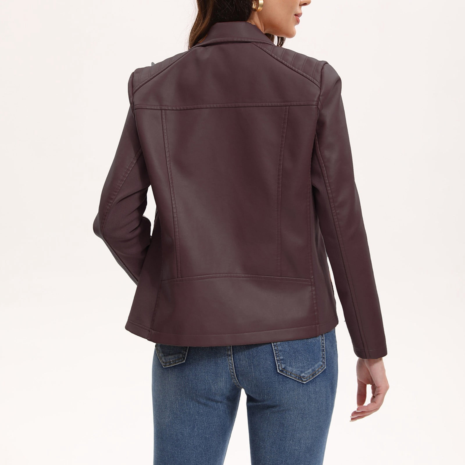 WTOBBY Women's Faux Leather Moto Jacket Short Coat Biker Style Casual Outerwear Solid Color Zippered Front with Stand Collar Edgy Street Look for Night Out,Coffee L