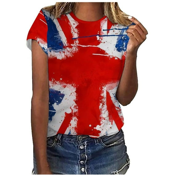 Lilgiuy Women Graphic T-shirt Independence Day Printed Tops Round Neck Short Sleeve Pullover Blouse
