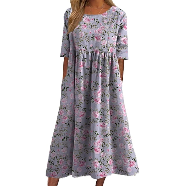 Vestido largo Akivide Summer Boho Floral de manga corta para mujer