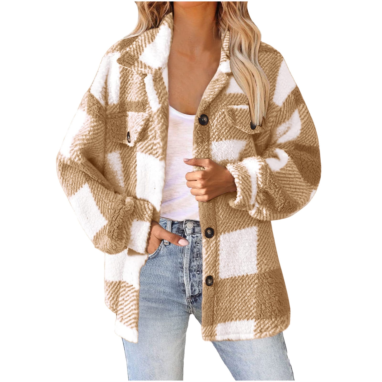 nerohusy Shackets for Women 2024 Winter Warm Fuzzy Fleece Sherpa Plaid Shirt Jackets Plus Size Button Down Long Sleeve Coats Coffee,L