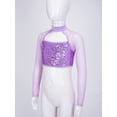 thumbnail image 4 of Raenseen Kids Girls Shinny Sequins Ballet Jazz Hip Hop Dance Crop Tops Mesh Spliced Long Sleeve T-Shirt Purple 8, 4 of 7