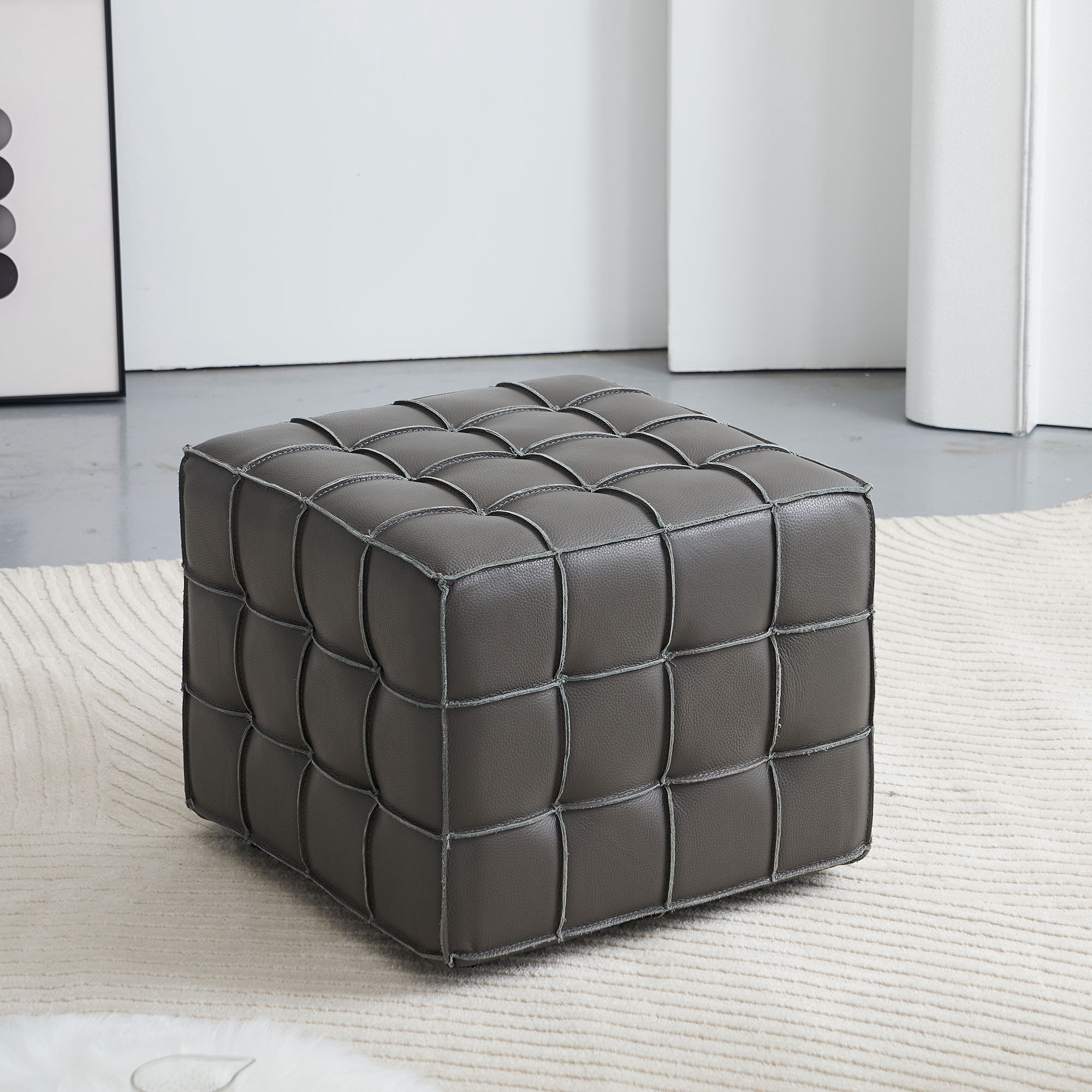 17.32''W Genuine Leather Tufted Ottoman,Footstool for Living Room & Bedroom,Grey Color