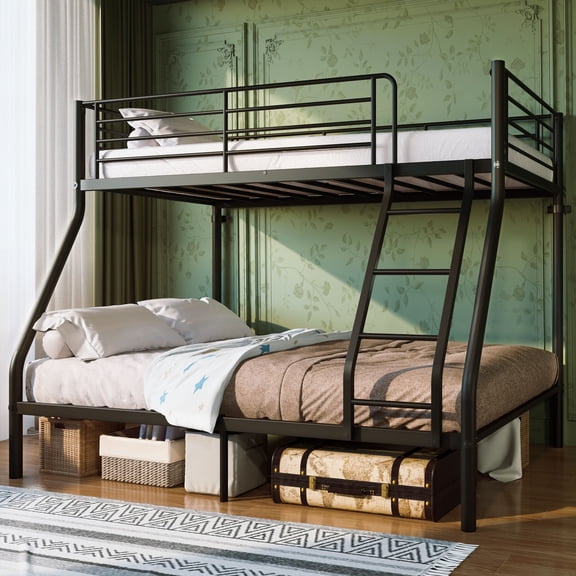 Alvantor Twin over Full Metal Bunk Bed with Guardrails, Ladder, 750 lb Top Capacity, Black