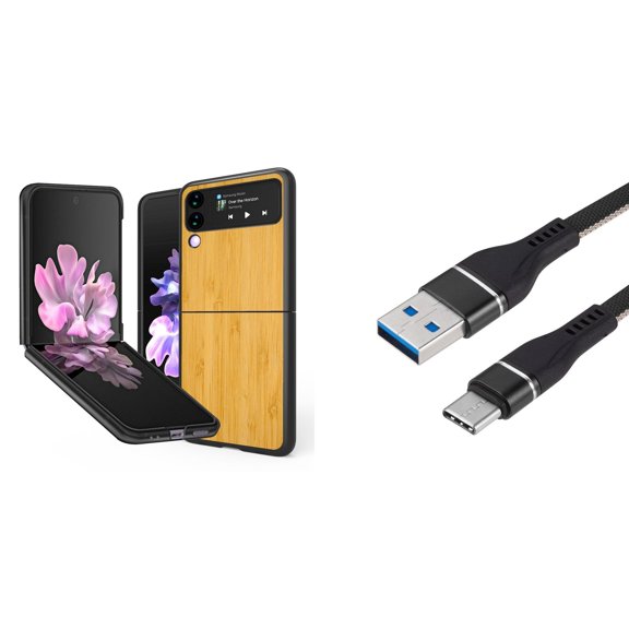 Bemz Premium Bundle for Samsung Galaxy Z Flip 3 5G: Slim Snap-On Protector Case (Light Wood), Nylon Braided USB-C to USB-A Cable (3 Feet)