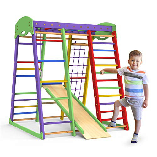 Triangle Climber for Ages 1-6 yrs Large Size Swing Swedish Ladder Rope Ladder Monkey Bars Indoor Playground Toddler Wood Playset 7-in-1 with Climber Rock Wall Dome Slide 47x43x43 Jungle Gym 
