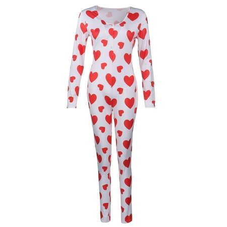 

Women´s Long-Sleeved Homewear Jumpsuit Snap Button Cartoon Printed Round Neck One-Piece Pajamas