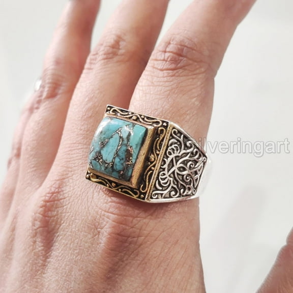 Blue Copper Turquoise Mans Ring, Natural Turquoise Ring, Oxidized Two Tone, 925 Silver Ring, Birthday Gift, Heavy Mens Ring, Arabic Design, Ottoman Style Ring, Christmas, Turkey Mens Signet Ring
