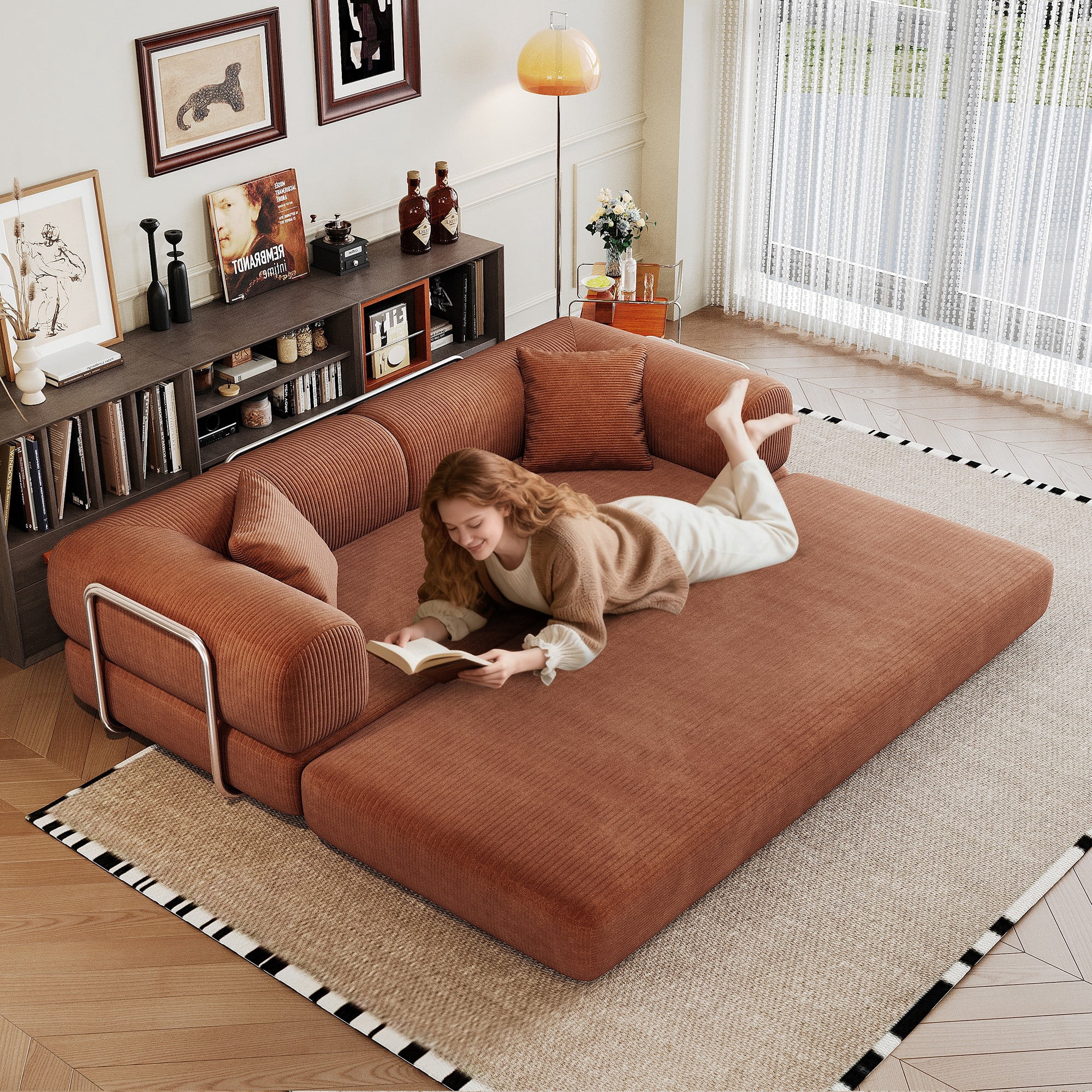 78.8" Compression Sofa Bed, Convertible Floor Futon Couch with Pillow & Armrests, Modular Corduroy Sofa, Brown