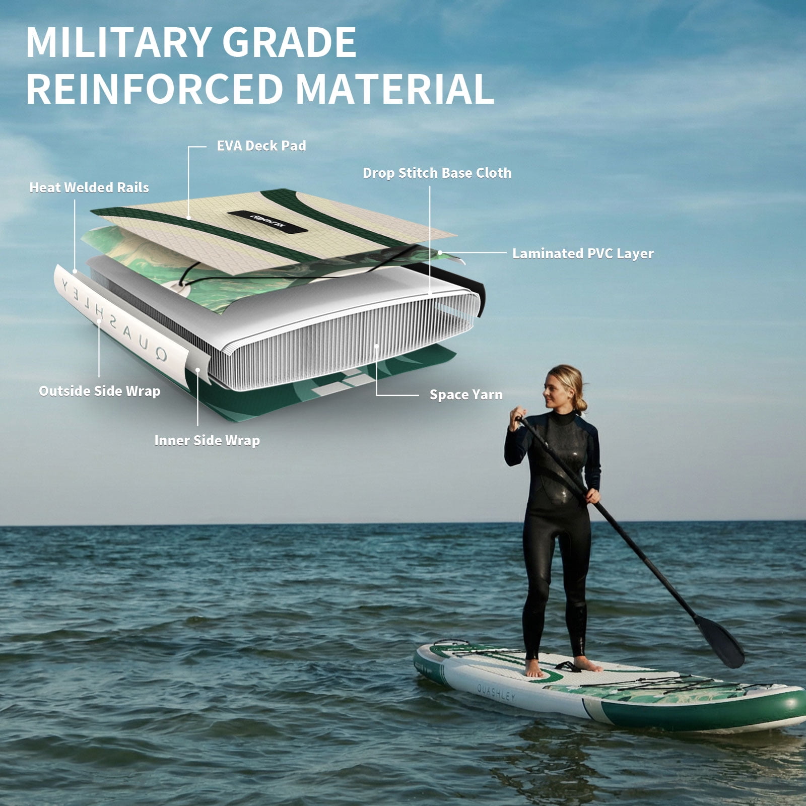 Quashley Wide Inflatable Stand up Paddle Board, 11 ft x 34 inch All-Around SUP Board with Paddle, Hand Pump, Backpack and Leash