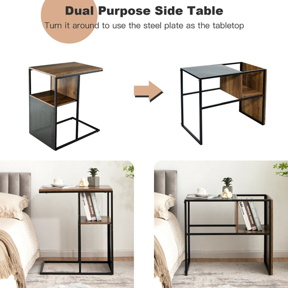 Finihen End Side Table, 2-Tier C-Shaped Reversible End Table with Wooden Shelf, for Living Room, Bedroom, Brown Finihen End Side Table, 2-Tier C-Shaped Reversible End Table with Wooden Shelf, for Living Room, Bedroom, Brown