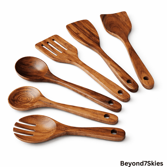 Premium Wooden Cooking Utensil Set 6 Pcs - Non-Stick Wood Spoons for Cooking, Stirring, Serving and Mixing, Heat Resistant Kitchen Tools