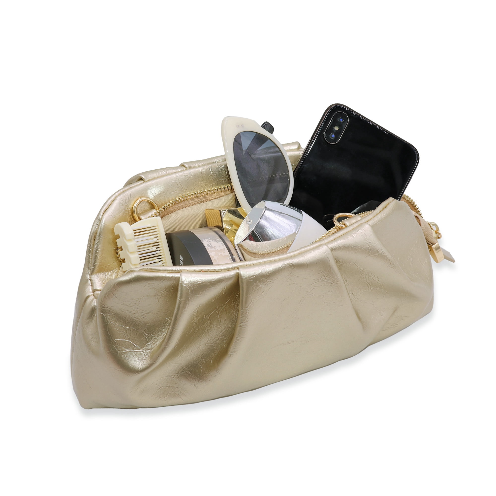 Milisente Women's Pleated Cloud Clutch Bag Shiny PU Leather Evening Purse Detachable Shoulder Strap For Wedding Prom Party(Gold)