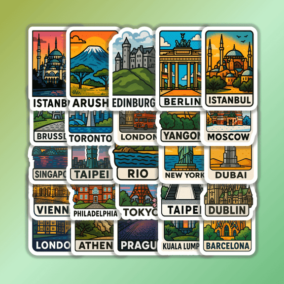 25pcs World Landmark Stickers Stamp Illustration Style City Name Design for Notebook Journal Luggage Skateboard Car Decoration