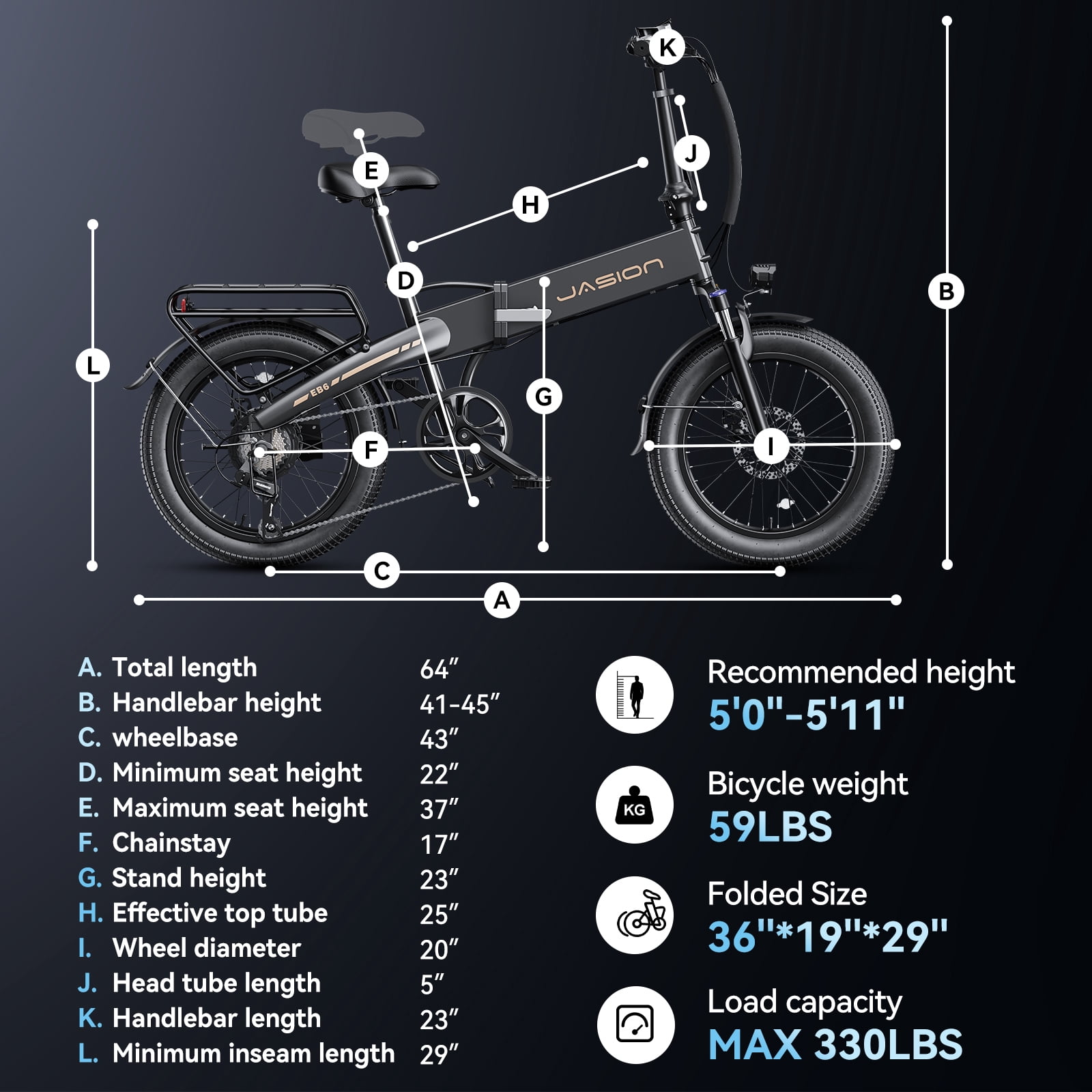 Jasion EB6 Electric Bike for Adults, 1200W Peak Motor Folding Ebike with 48V Removable Built-in Battery, Up to 25 MPH, 20" Fat Tire Foldable Electric Bicycle, UL 2849