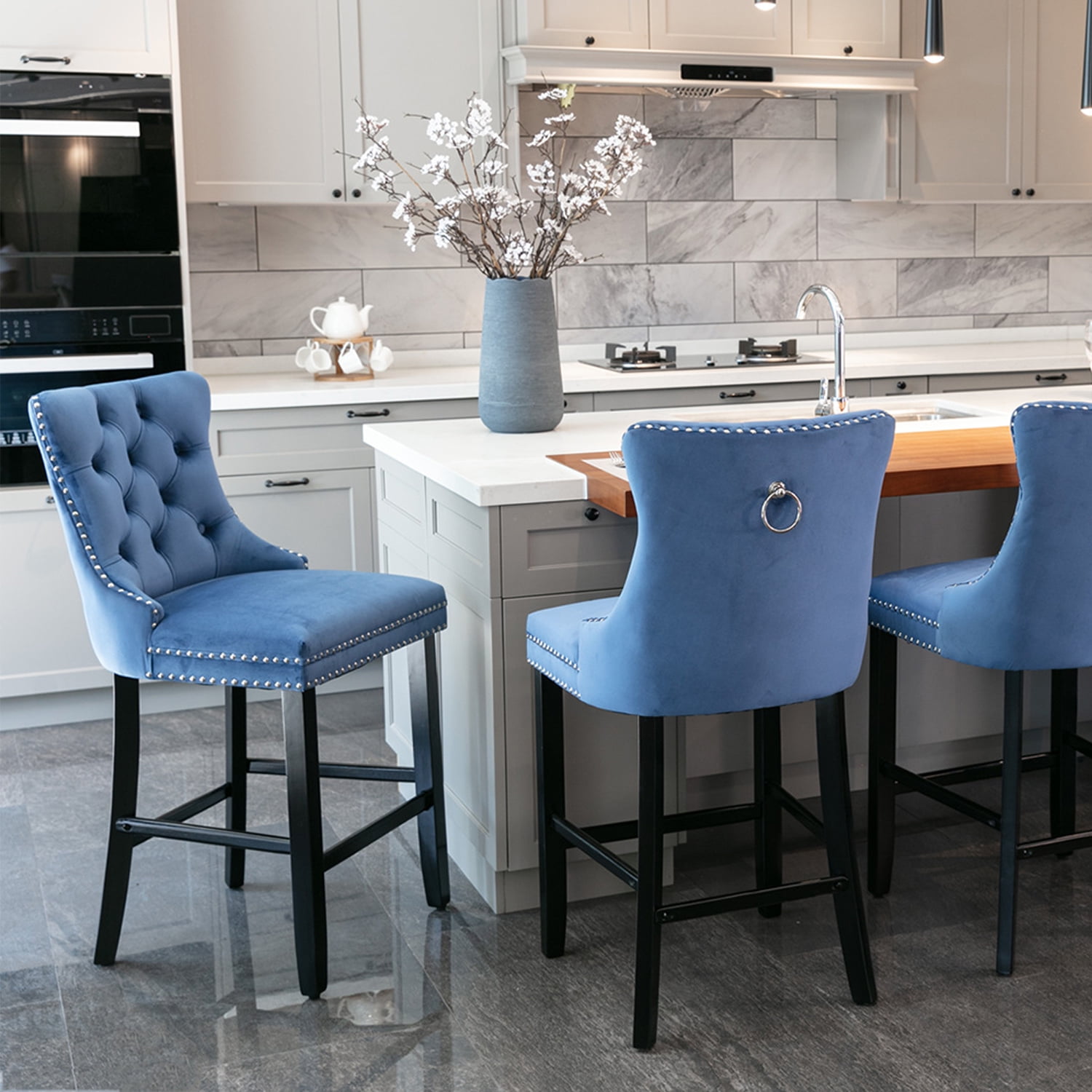 Demi Bonn 40" Counter Height Bar Stools Set of 2, Velvet Upholstered Barstools with Back, Kitchen Island Countertop Chairs for Dining Room, Blue