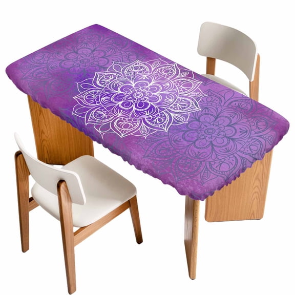 Boho Floral Table Cloths for 4 Foot Rectangle Tables, Purple Flowers Vintage Bohemian Watercolor Patio Waterproof Elastic Fitted Tablecloths, Washable Rectangular Table Cover for Camping