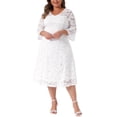 thumbnail image 1 of Vestido de encaje de talla grande para mujer Agnes Orinda, con escote en V, mangas 3/4, midi, estilo swing, para bodas y damas de honor, 4X, blanco, 1 of 6