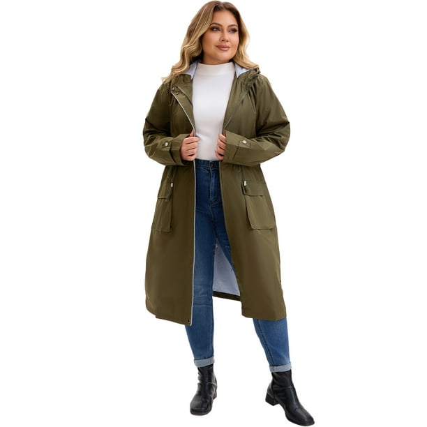Abrigos de trinchera para mujeres de tallas grandes GRACE & GRANDEUR, chaqueta cortavientos con capucha, cremallera y cintura ajustable, exterior con bolsillos, 3X verde ejército
