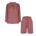 thumbnail image 3 of Fmbrln Womens Plus Size Summer 2 Piece Sets Casual V Neck Button Long Sleeeve Shirts Blouse and Drawstring Elastic Waist Shorts Sets Lounge Outfits Watermelon Red L, 3 of 5