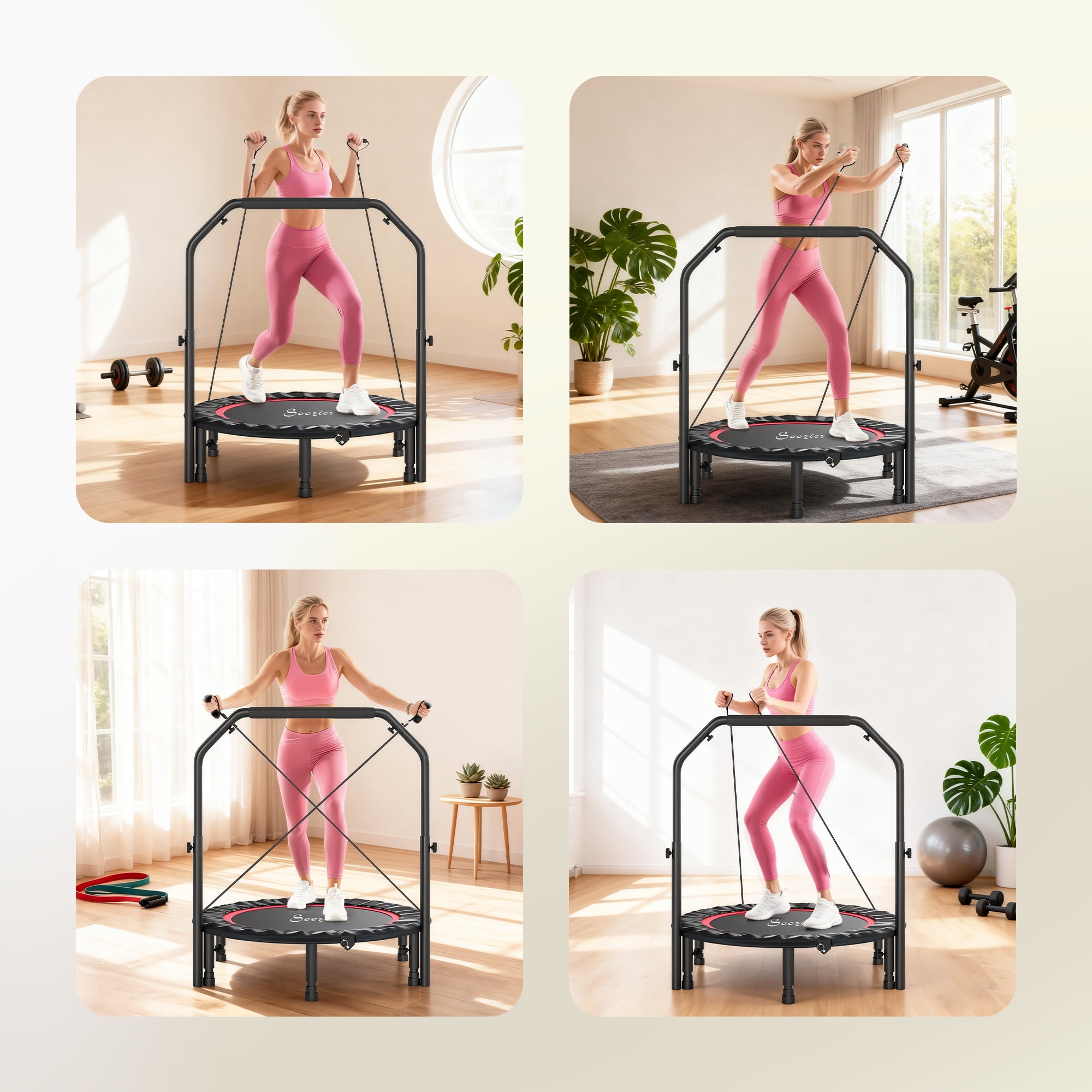 Soozier 40" Foldable Mini Trampoline, Rebounder Trampoline for Adults with Adjustable Foam Handle for Indoor Outdoor Workout, Max Load 330 lbs, Red