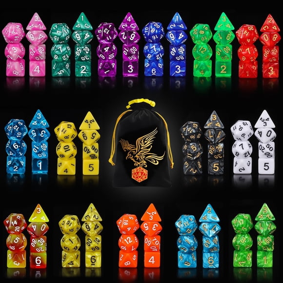 QMay Juego de dados DND de 15 x 7 dados poliédricos (105 piezas) con 1 bolsa grande de franela Dados D&D (D4 D6 D8 D10 D% D12 D20) para juegos de mesa RPG de mazmorras y dragones