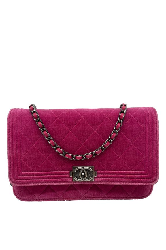 Pre-Owned Chanel Boy Quilted Velvet WOC Crossbody Bag Fuchsia