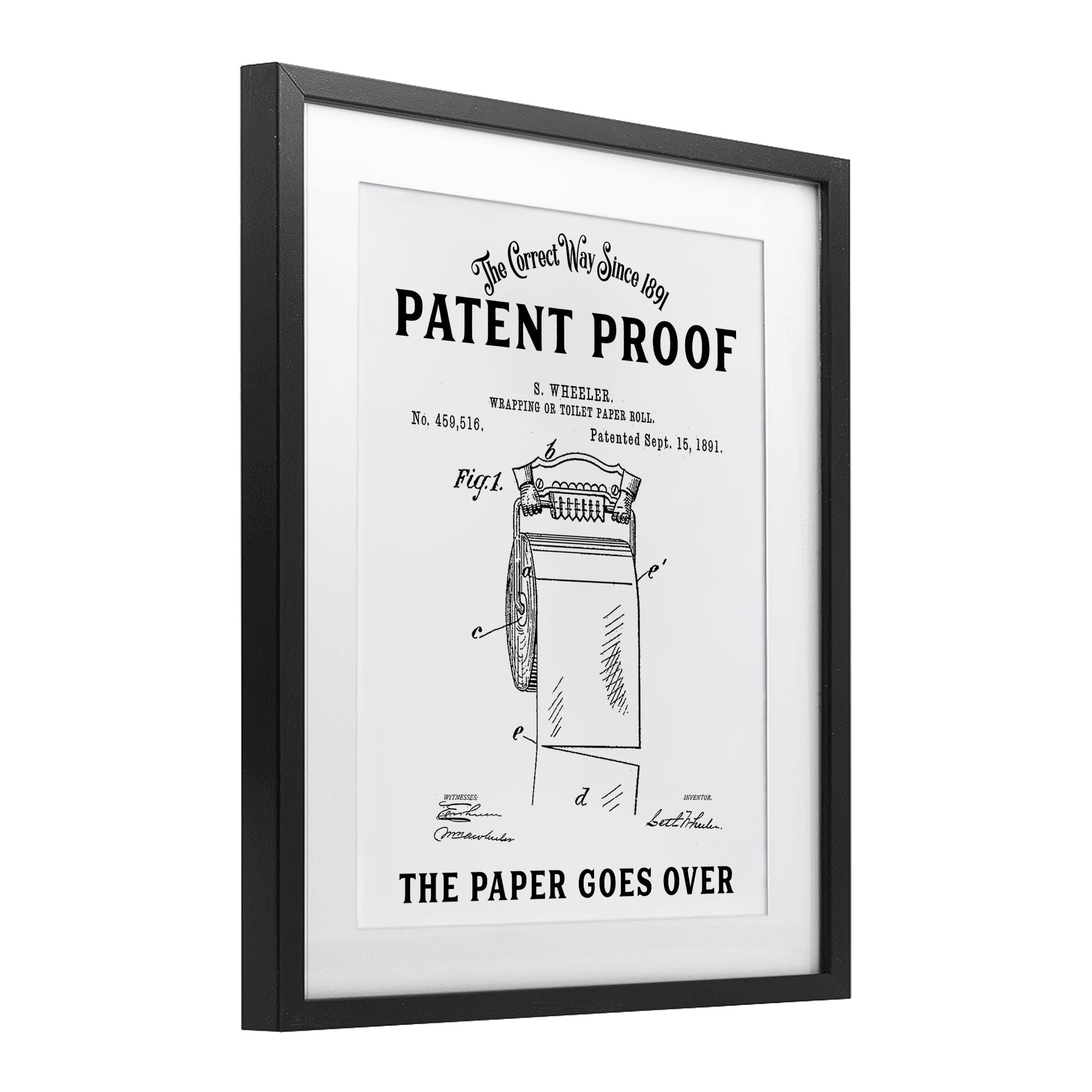 Toilet Paper Goes Over Black Framed Print Under Glass, design by Lettered and Lined