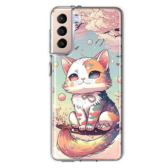 MUNDAZE Samsung Galaxy S22 Plus Shockproof Clear Hybrid Protective Phone Case Kawaii Manga Pink Cherry Blossom Cute Cat Cover