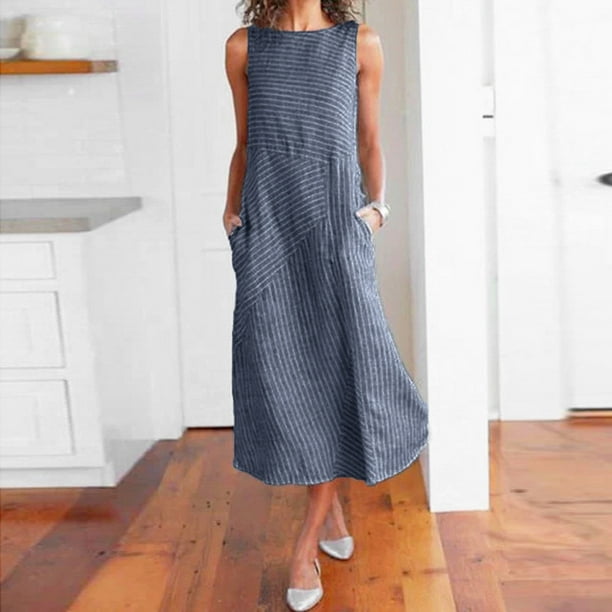 Vestido de mujer Lino Estampado retro O Cuello Sin mangas Verano Maxi Fiesta Vestido de playa Irfora Aqua/Grande