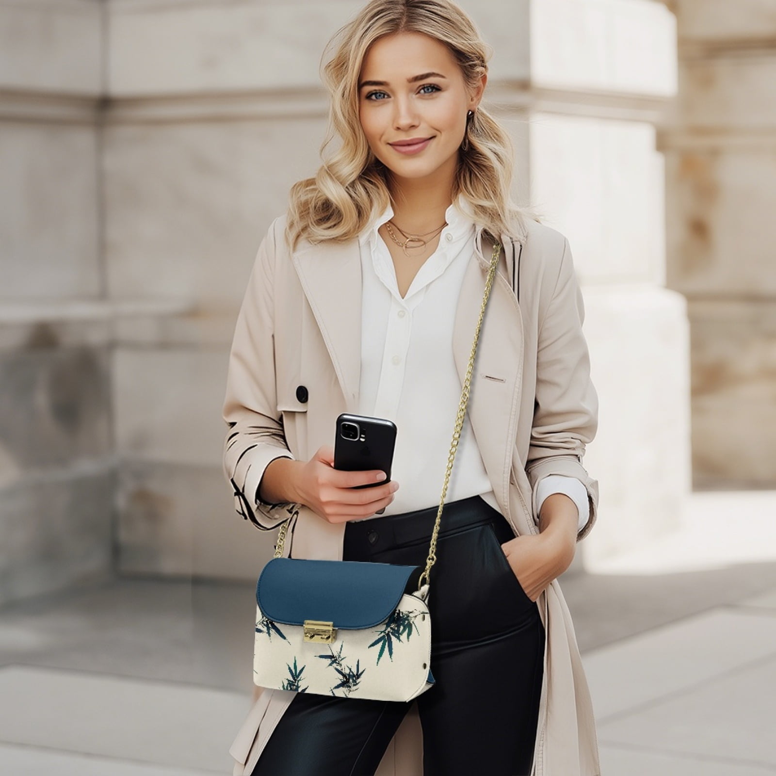 SCRAWLGOD Bamboo Print Beige Dark Blue Crossbody Purses for Women Trendy Crossbody Bags Cell Phone Camera Leather Shoulder Handbags with Metal Buckle