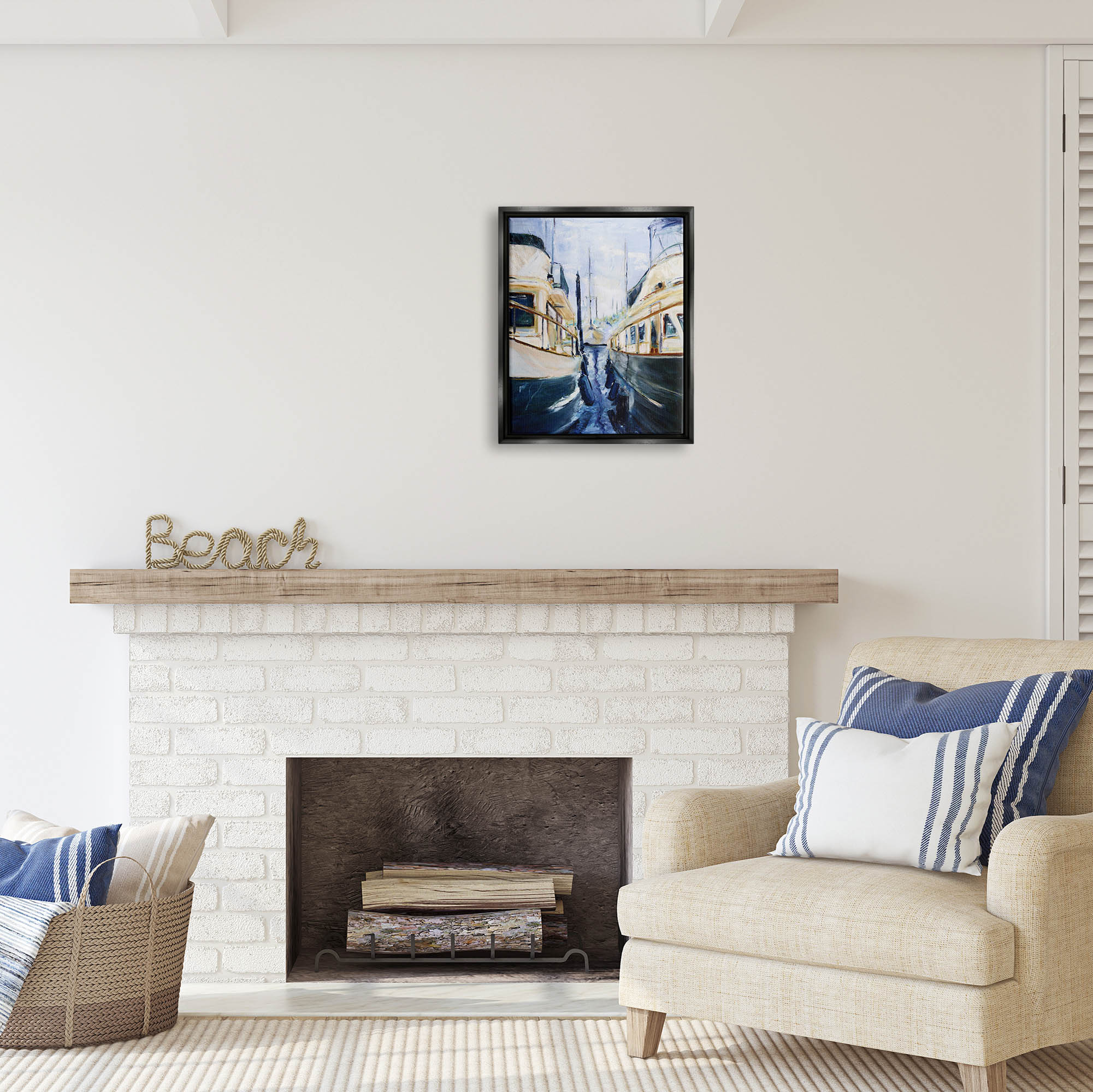 Stupell Industries Marine Harbor Docked Boats Coastal Painting Black Floater Framed Art Print Wall Art