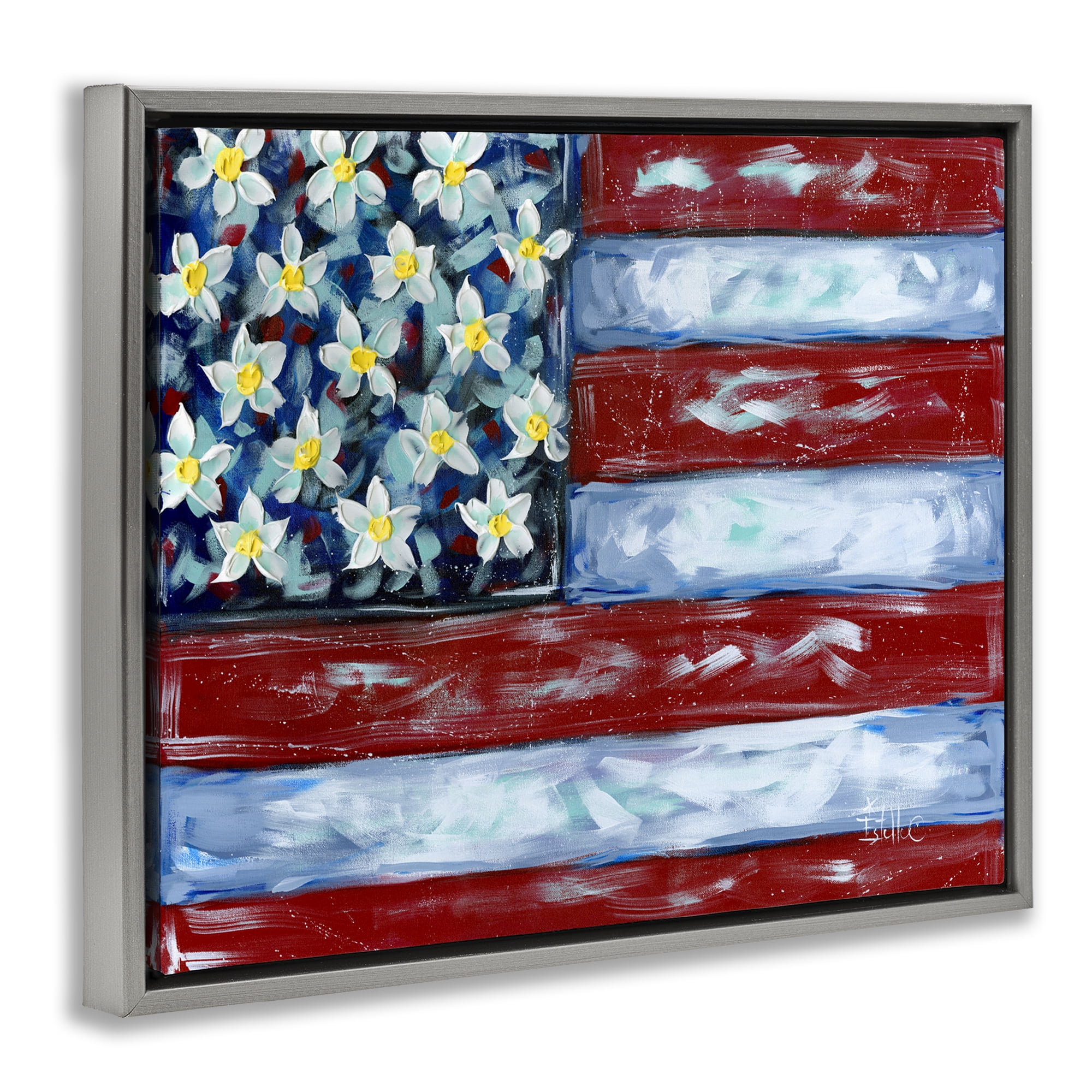 Stupell Industries Flower Stars & Stripes Flag Patriotic Painting Gray Floater Framed Canvas Art Print Wall Art, 31 x 25