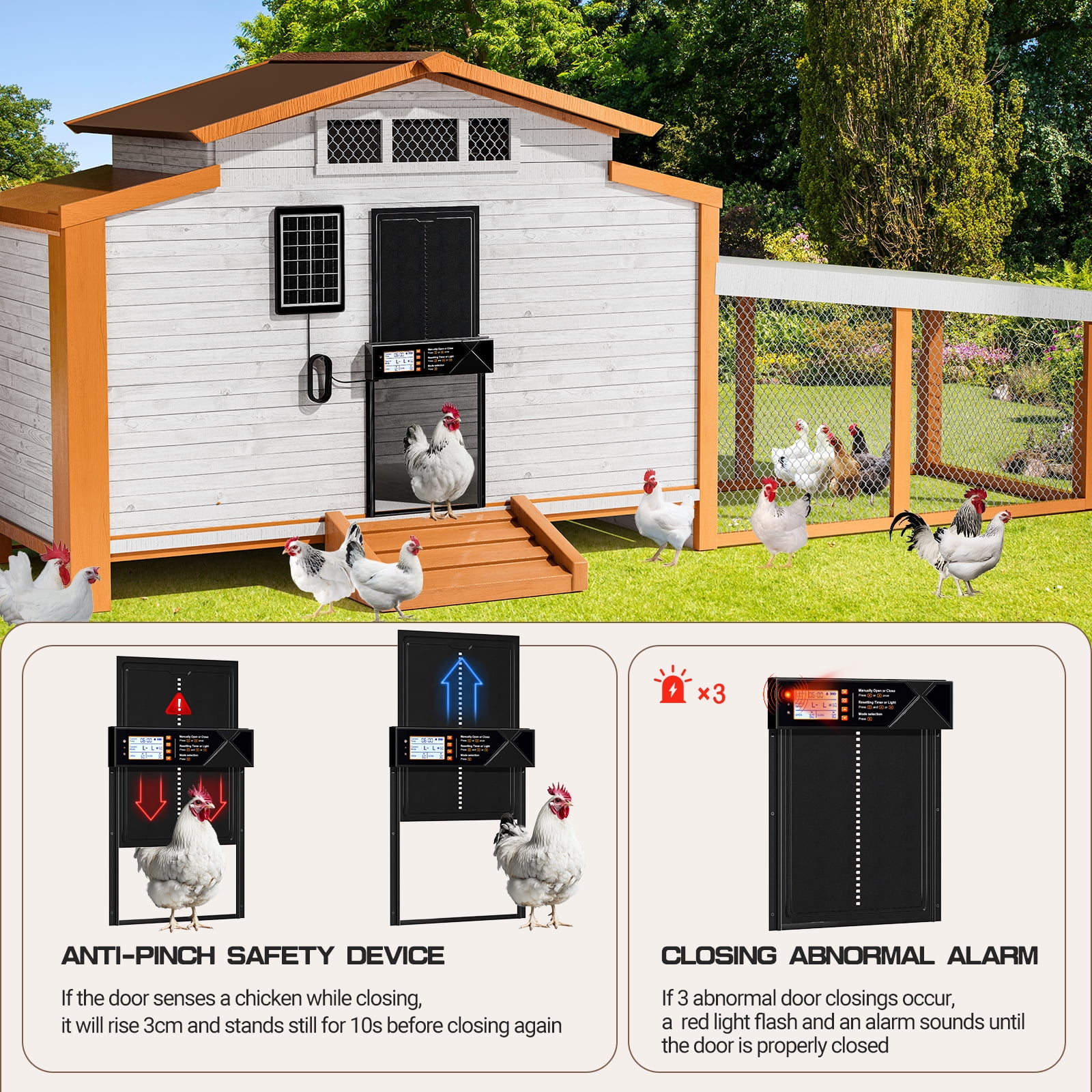 Automatic Chicken Coop Door Solar Powered with Timer & Light Sensor, Remote Control, LCD Display, Anti-Pinch & Alert, 4 Modes Aluminum Alloy Auto Chicken Coop Door Solar, Upgrad Large Door