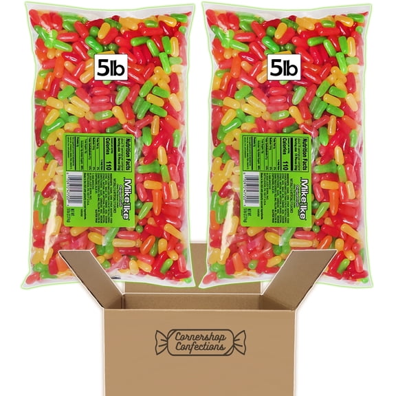 Mike and Ike Chewy Candy Bulk Pack - 10 Pounds Total - Variety of Gluten Free Original Fruits Flavors - Over 2400 Pieces - 2 Separate 5 Pound Bags In Cornershop Confections Protective Pack