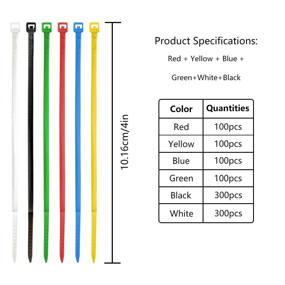 1000Pcs Zip Wire Ties, Colorful 4 Inch Cable Zip Ties with Cable Mounts, Nylon Zip Cable Ties Self-Locking Tie Wraps Perfect for Home Garden Garage Workshop