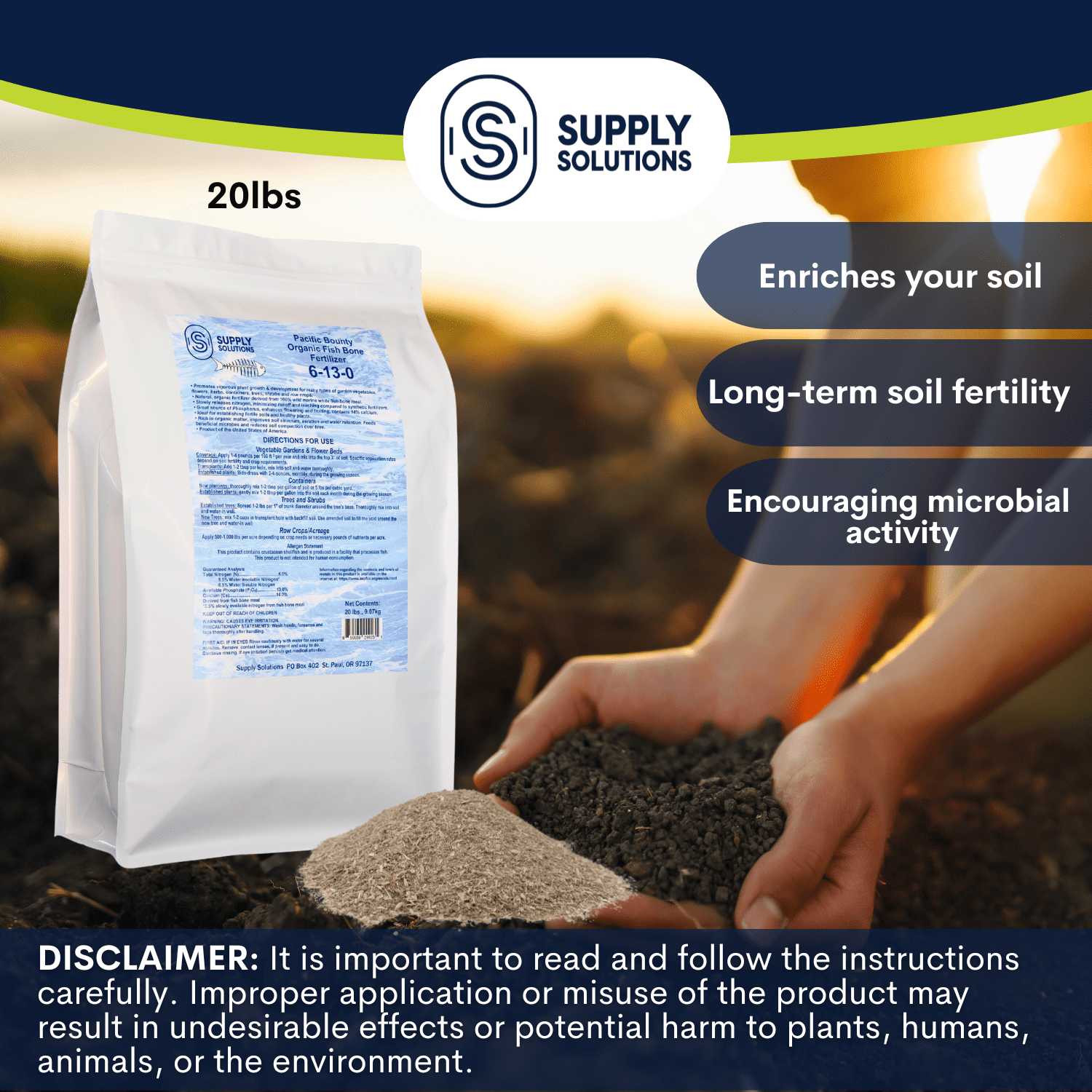 Supply Solutions Pacific Bounty Organic Fish Bone Meal Fertilizer 6-13-0 - Plus 14% Calcium for Plants Root Development- High Phosphorus Plant Food for Tomatoes, Flowers, Bulbs, Veggies (20lbs)