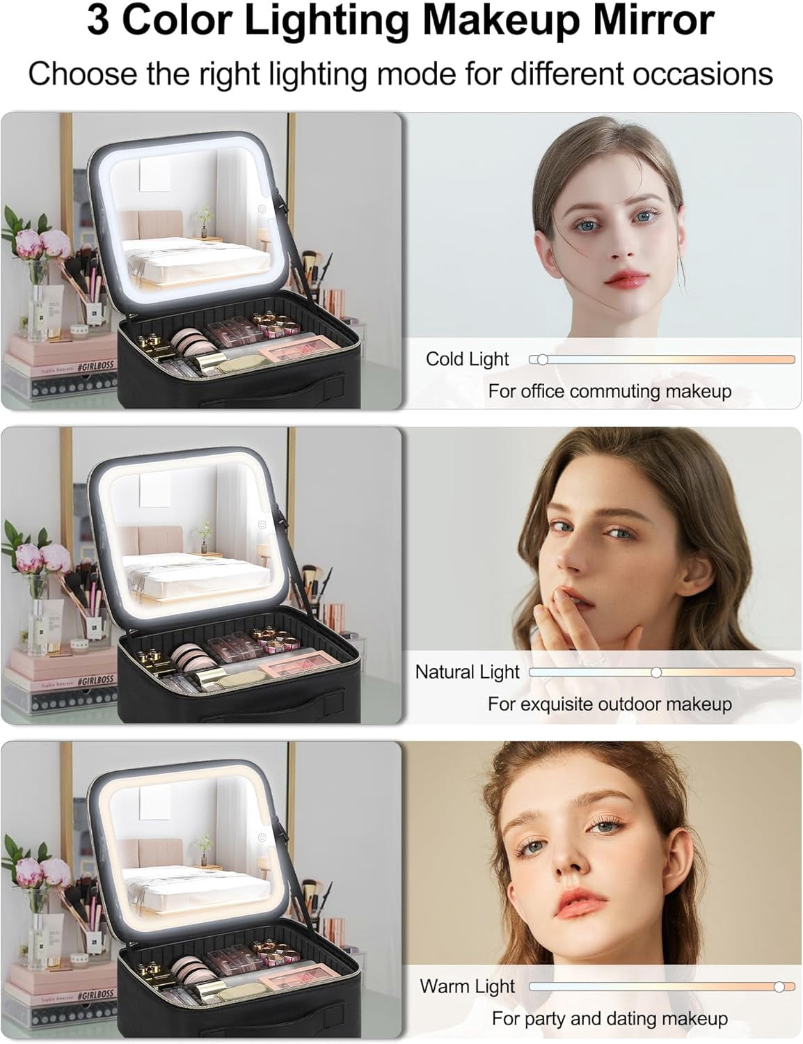 Makeup Bag with LED Mirror, Travel Makeup Case for Women and Makeup Artists Cosmetic Organizer Large Make Up Bags with Light Up Mirror, 3 Color Lights, Adjustable Dividers and Brush Holder
