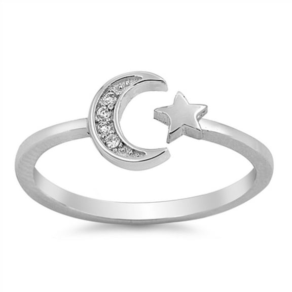 Moon And Star Cubic Zirconia Ring Sterling Silver 925