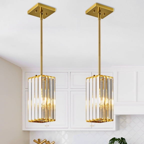 Modern Crystal Chandeliers Gold Pendant Lights Rectangle Adjustable Pendant Light for Kitchen Island Bedroom Living Room Dinning Room( 2-Pack))