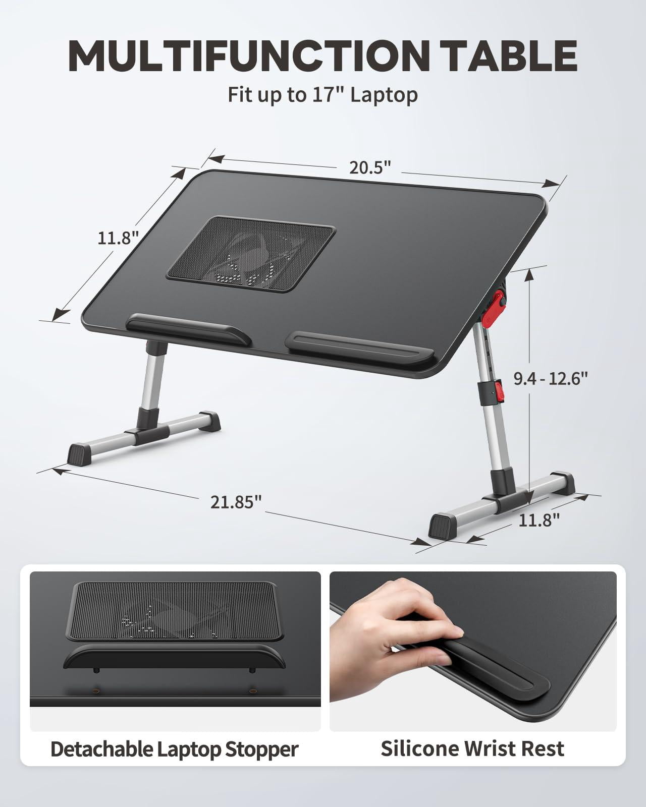 Laptop Desk For Bed With Fan  Height & Angle Adjustable Stand Lap Tray Table Lightweight Foldable Portable Computer Couch Sofa Chair Floor (black)