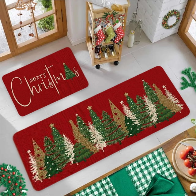 Christmas Kitchen Rugs and Mats Set of 2 | Non-Slip Floor Mats for Kitchen Sink and Entryway | L-Shaped Runner and Mat | Polyester Washable Decor for Holiday Home