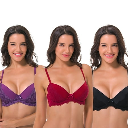 Curve Muse Womens Plus Size Lightly Padded Underwire Balconette Bra -3PK-Black Grape Rumba Red-40B
