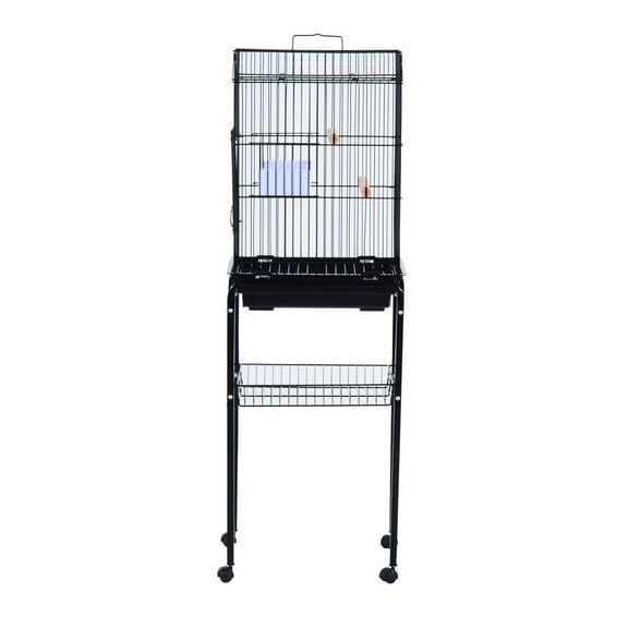 Pawhut 51" Metal Indoor Bird Cage Starter Kit With Detachable Rolling Stand, Storage Basket, And Accessories, Black