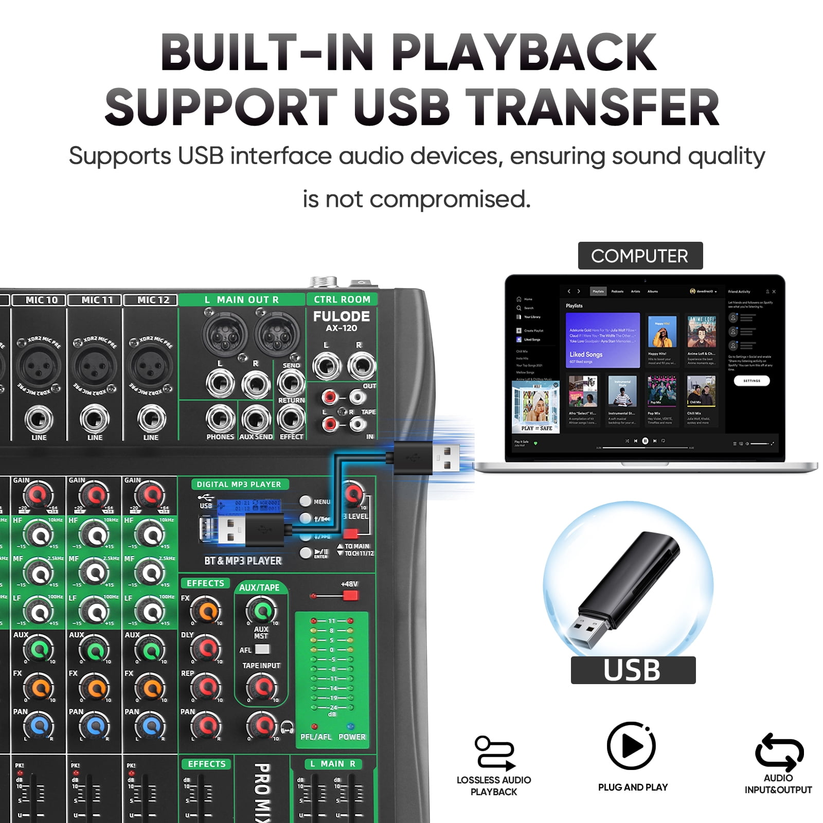 12 Channel Audio Mixer, Professional DJ Mixer Board Sound Music Mixing Console Digital Mixer with Reverb, Bluetooth, USB Port, 48V Phantom Power for Recording Karaoke Podcasting