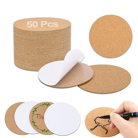 50 Pack Self-Adhesive Cork Coaster Backing Sheets，4" Round Cork Coasters for Coasters and DIY Crafts