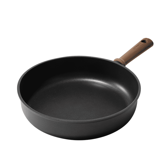 Carote 8-inch black titanium nonstick frying pan skillet with wooden handle, suitable for induction cooktops.