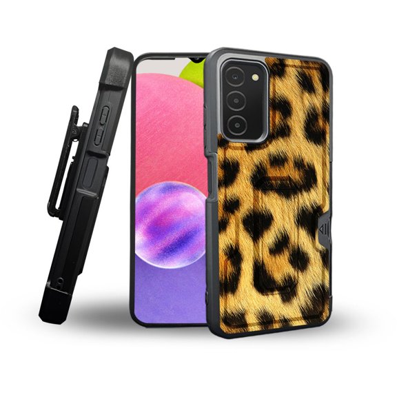 ANJ  Rugged Shockproof Holster Case Card Slot Kickstand   Tempered Glass Cover for Samsung Galaxy A03s - Yellow Leopard