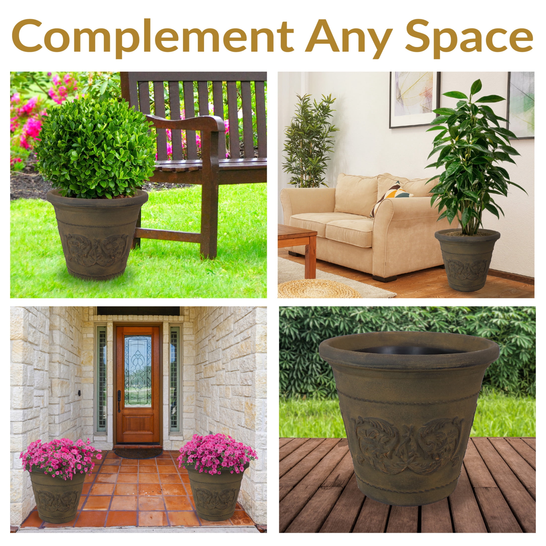 Sunnydaze Arabella 19.5" x 19.5" x 17.5" Round Sable Polyresin Outdoor Planter Pot 4-Count