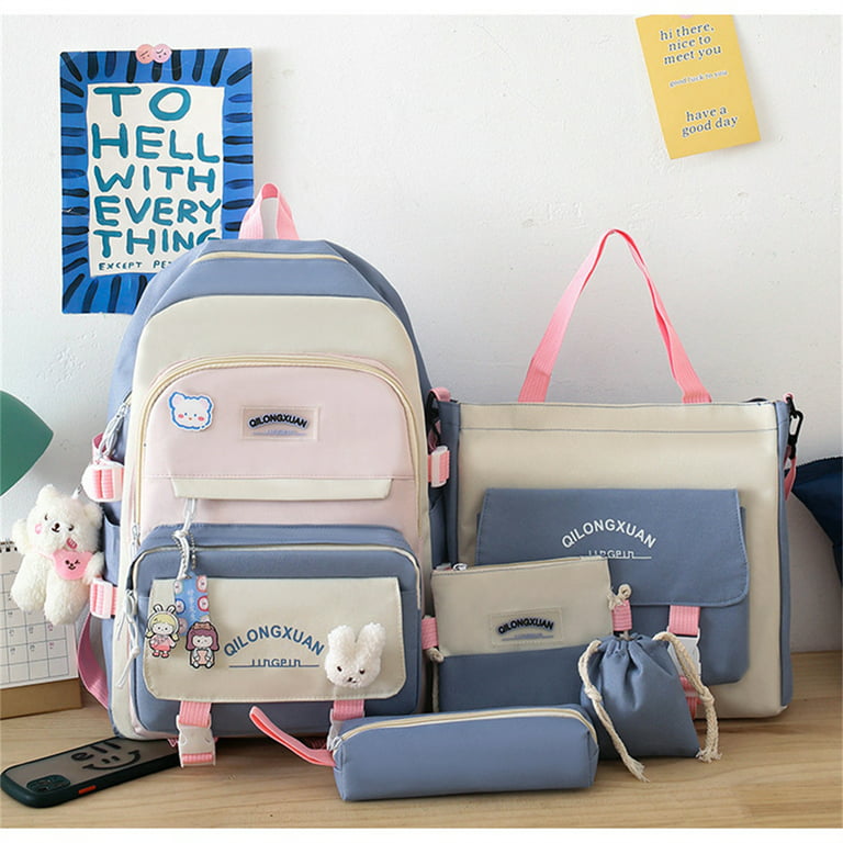 5pcs Kawaii Women Backpack Cartoon Korean Cute Student Girl Schoolbag Book  Bags Sets Leisure-Blue